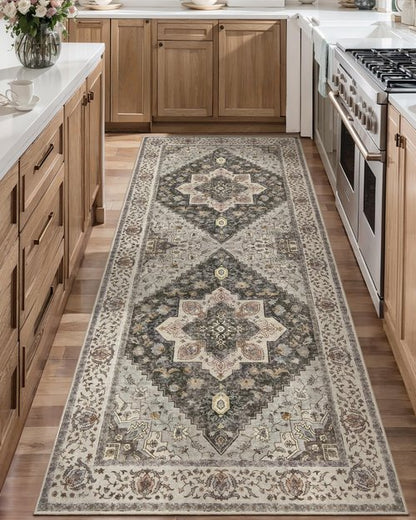 Tangsoo 2x6 Washable Runner Rug for Hallways, Non Slip Vintage Runner, Farmhous Soft Low Pile Long Rug Runner, Print Distressed Grey Carpet Runners for Kitchen Bedroom Entryway Bathroom Living Room