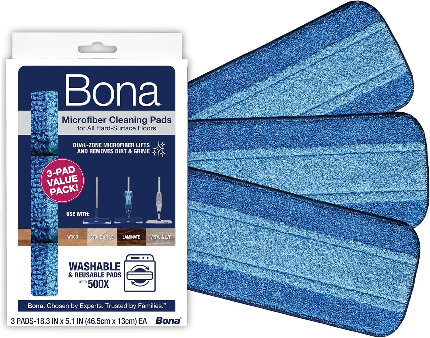 Bona Microfiber Cleaning Pads - 3-Pack for Hardwood & Hard Surface Floors | Dual Zone Cleaning