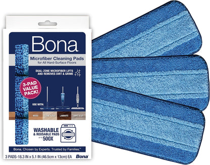 Bona Microfiber Cleaning Pads - 3-Pack for Hardwood & Hard Surface Floors | Dual Zone Cleaning