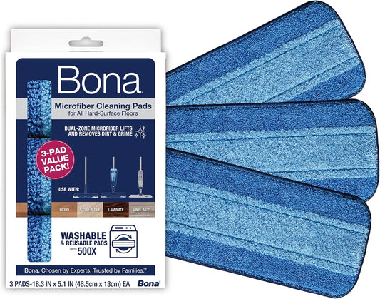 Bona Microfiber Cleaning Pads - 3-Pack for Hardwood & Hard Surface Floors | Dual Zone Cleaning
