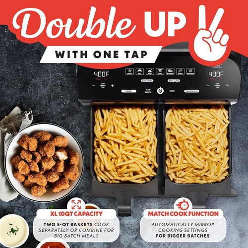 Gourmia Dual Basket Air Fryer - 10 Qt Large Capacity with FryForce360º & 7 Cooking Presets | Black