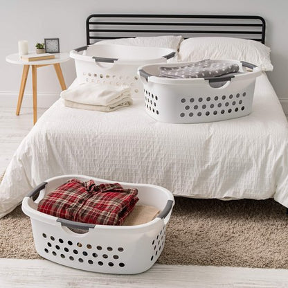 IRIS USA 50L Plastic Hip Hold Laundry Basket with Built-In Comfort Carry Handles, 3 - Pack, 1.5 Bushel, Clothes Hamper, Laundry Hamper, Ventilation Holes, for Closet Dorm Laundry Room Bedroom, White