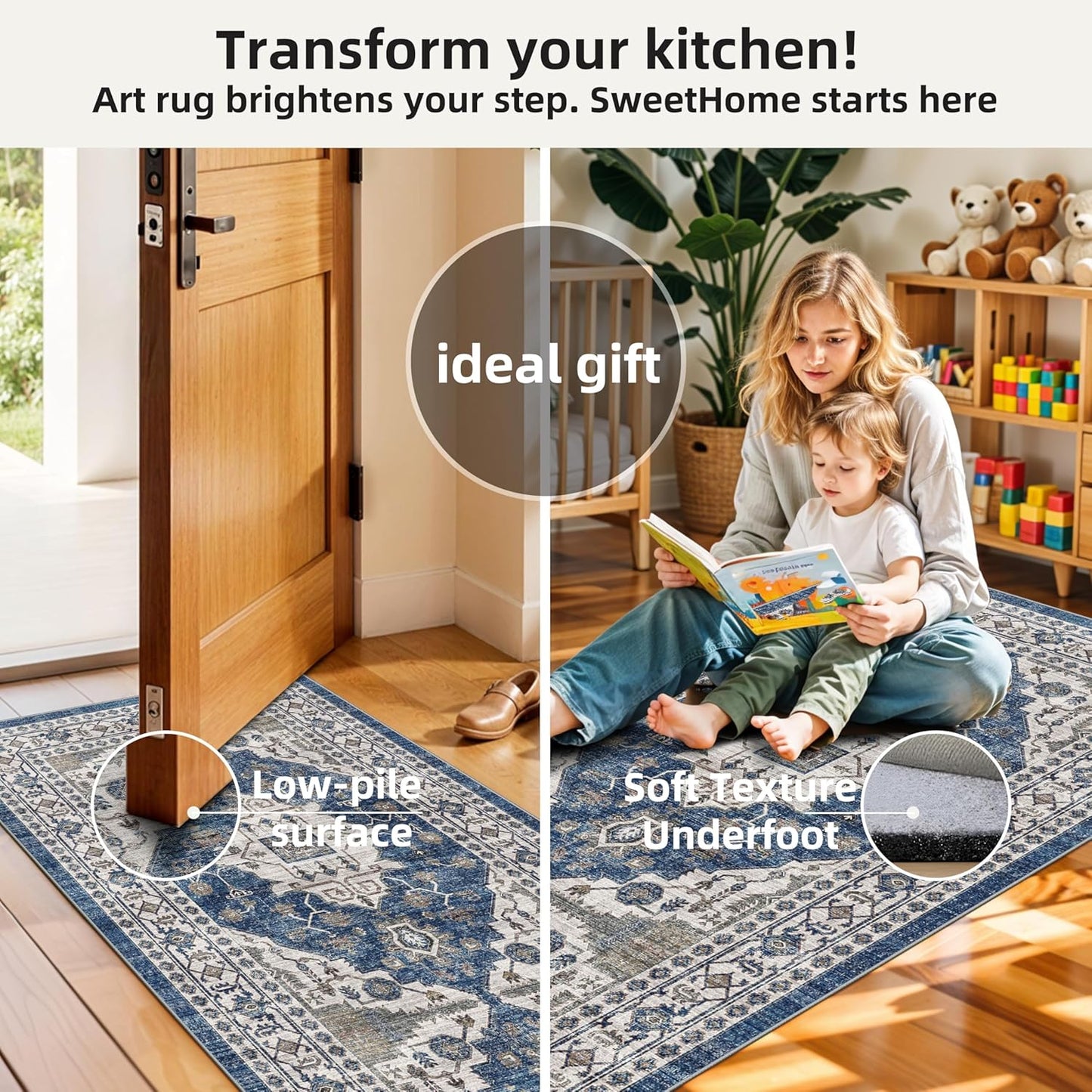 Skiennix Kitchen Sink Rugs Set of 2 - Washable Non-Slip Mats for High Traffic Areas | Soft Blue Boho Decor (2x3 + 2x4)