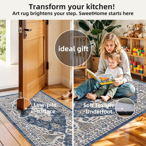 Kitchen Sink Rugs Set 0f 2: Washable Non-Slip Hardwood Floor Mat for Stove Dishwasher Fronts Soft Stain Resistant Carpet for Cooking Area & Fridge Boho Home Decor for High Traffic Area(2x3+2x4,Blue)