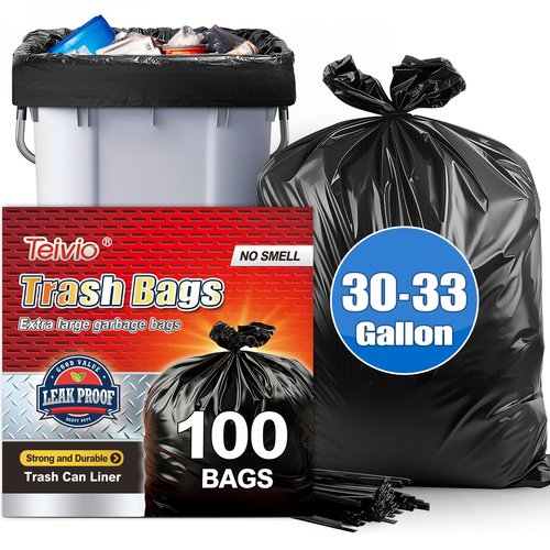 30-33 Gallon 100 Counts Large Trash Bags w/Ties Black Garbage Bags, Large Trash Can Liners for Home,Kitchen,Office,All Purpose Light Residential or Commercial Waste,Outdoor Lawn and Leaf Bags