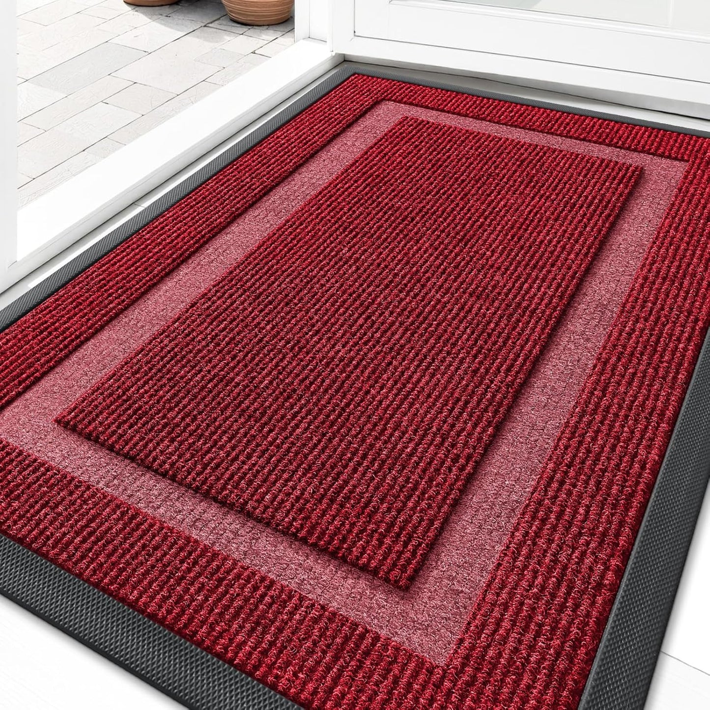OLANLY Indoor Outdoor Front Door Mat - Waterproof All-Weather Doormat, Easy Clean, 36x24, Wine Red