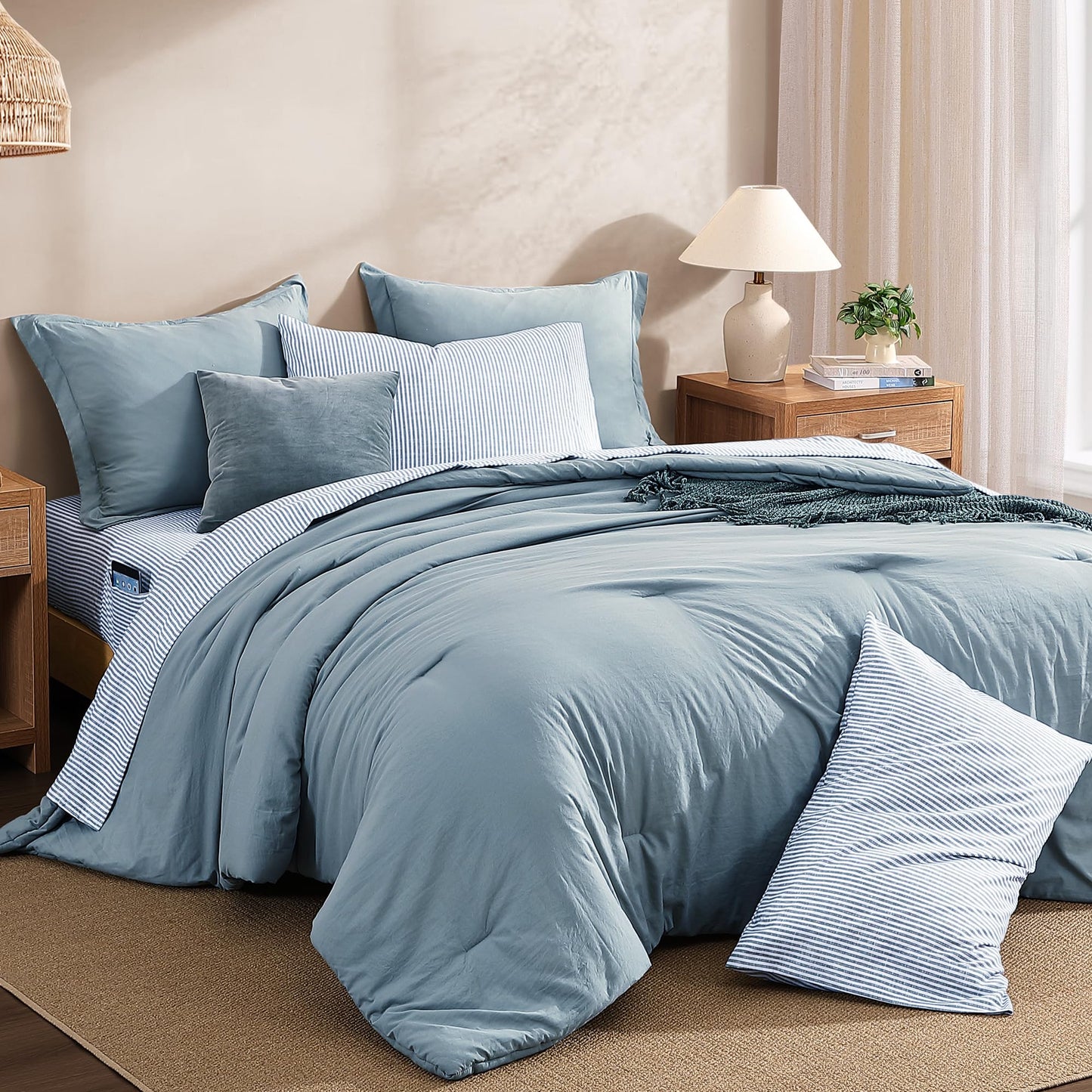 Monbix King Size Comforter Set - 7 Pieces Dusty Blue Prewashed Bed in a Bag King Bedding Sets with Comforters, All Seasons Ultra Soft Comforter Bed Set with Sheets,Pillowcases & Shams