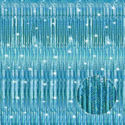 Crosize Laser Blue Foil Fringe Curtains - 3 Pack Tinsel Backdrop for Parties & Birthdays | 3.3 x 9.9 ft