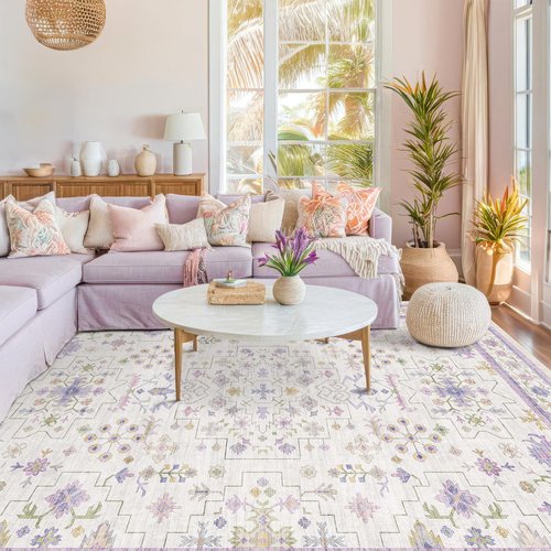 5x7 Light Purple Area Rug for Girls Bedroom, Living Room, Nursery, Non Slip Washable Area Rugs, Lavender and Cream with Green Accent, Low Pile Foldable Carpet