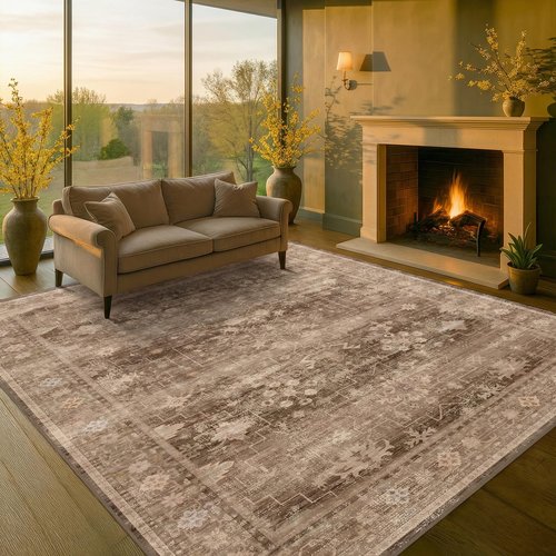 Hazo Haus Boho Brown Living Room Rug 7x9 - Vintage Traditional Eclectic Oriental Neutral Taupe, Washable Low Pile Non-Slip Extra Large Area Rugs for Dining Under Table Bedroom Lounge