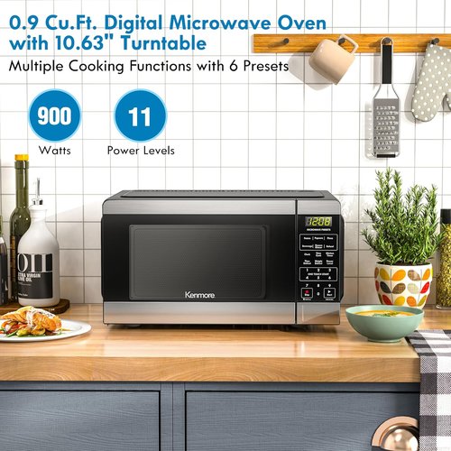 Kenmore Countertop Microwave - 900 Watt, .9 Cu Ft, Stainless Steel | 6 Auto-Preset Menus & Child Lock