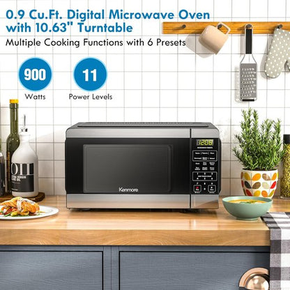 Kenmore Countertop Microwave - 900 Watt, .9 Cu Ft, Stainless Steel | 6 Auto-Preset Menus & Child Lock