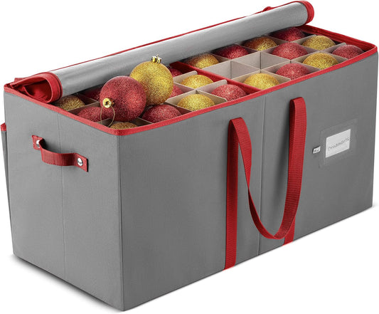 ZOBER Large Christmas Ornament Storage Box | Holds 128 3" Ornaments - Durable Organizer with Dividers & Extra Pockets - Gray