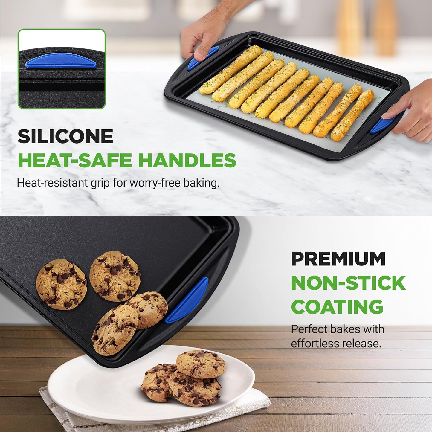 NutriChef Nonstick Cookie Sheets Set - 3-Piece Carbon Steel Bakeware with Silicone Handles | Durable & Oven Safe