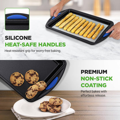 NutriChef Nonstick Cookie Sheets Set - 3-Piece Carbon Steel Bakeware with Silicone Handles | Durable & Oven Safe