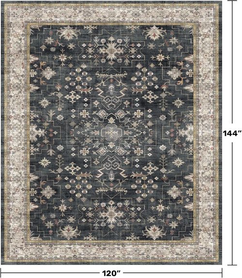 Boho Black Rug - Washable 10x12 Area Rug for Living Room & Dining Room | Soft Low Pile Carpet, Non-Slip & Stain Resistant