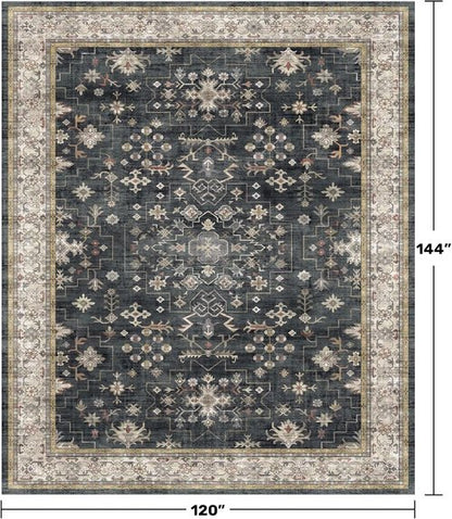 Boho Black Rug - Washable 10x12 Area Rug for Living Room & Dining Room | Soft Low Pile Carpet, Non-Slip & Stain Resistant