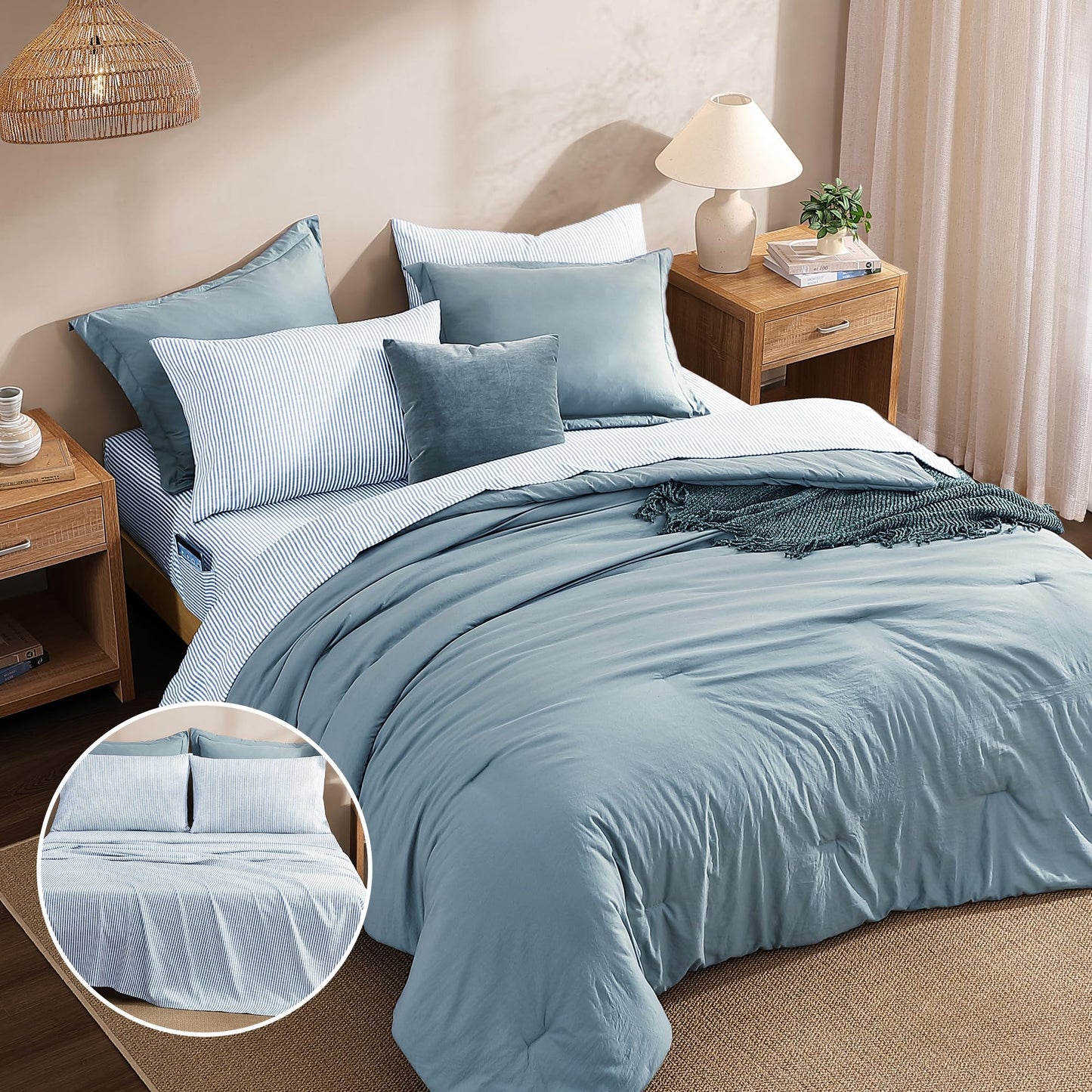 Monbix King Size Comforter Set - 7 Pieces Dusty Blue Prewashed Bed in a Bag King Bedding Sets with Comforters, All Seasons Ultra Soft Comforter Bed Set with Sheets,Pillowcases & Shams
