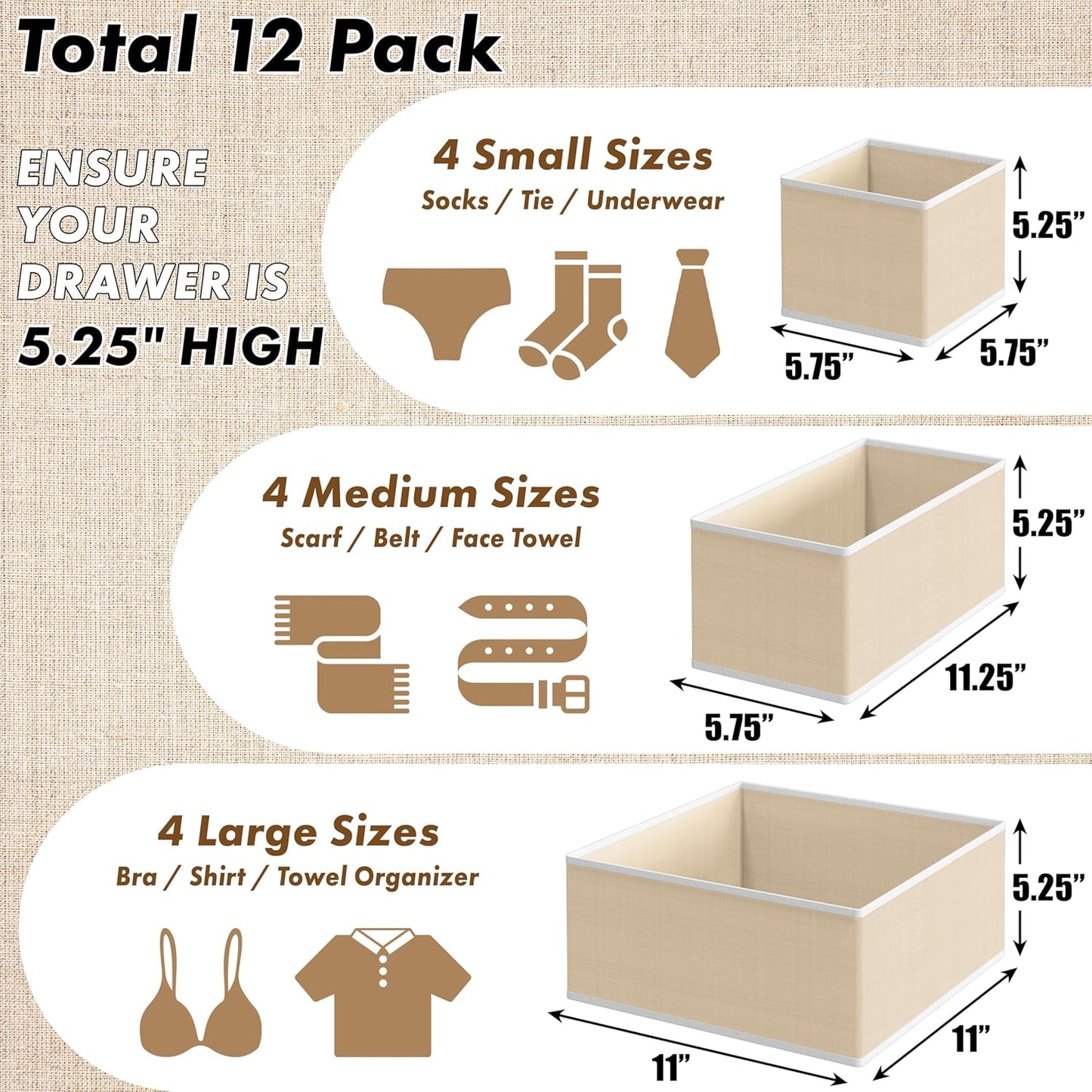 Simple Houseware Foldable Drawer Organizer Set of 12 - Beige Fabric Storage Bins for Clothes & Accessories