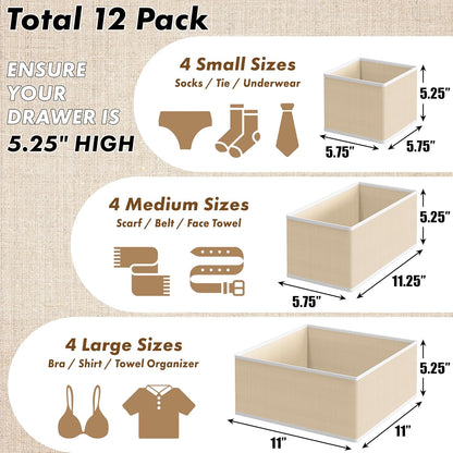 Simple Houseware Foldable Drawer Organizer Set of 12 - Beige Fabric Storage Bins for Clothes & Accessories