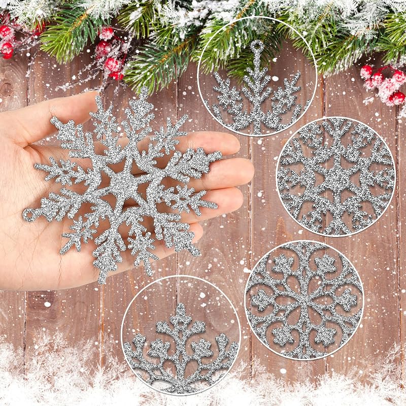 36Pcs Silver Glitter Snowflake Ornaments - 2 Sizes, 2 Patterns with Hanging Rope, Christmas Tree Decorations