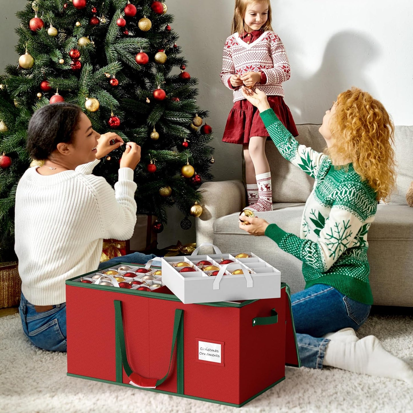 Simple Houseware Heavy-Duty Christmas Ornament Storage Box - Holds 128 Ornaments, Adjustable Dividers, Red