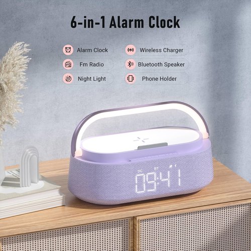 FREEFISH Bluetooth Speaker with Wireless Charger, FM Radio, Dimmer Night Light, Phone Holder, Wireless Charging Speakers for iPhone Samsung AirPods, Bedrooms Home Office Gifts