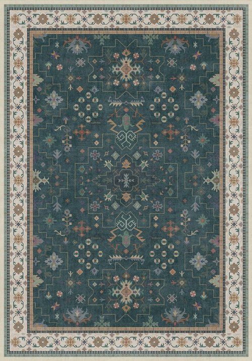 Hazo Haus Dark Green Vintage Rug - Washable 7x10 Floral Geometric Design, Ultra Soft Non-Slip for Living Room
