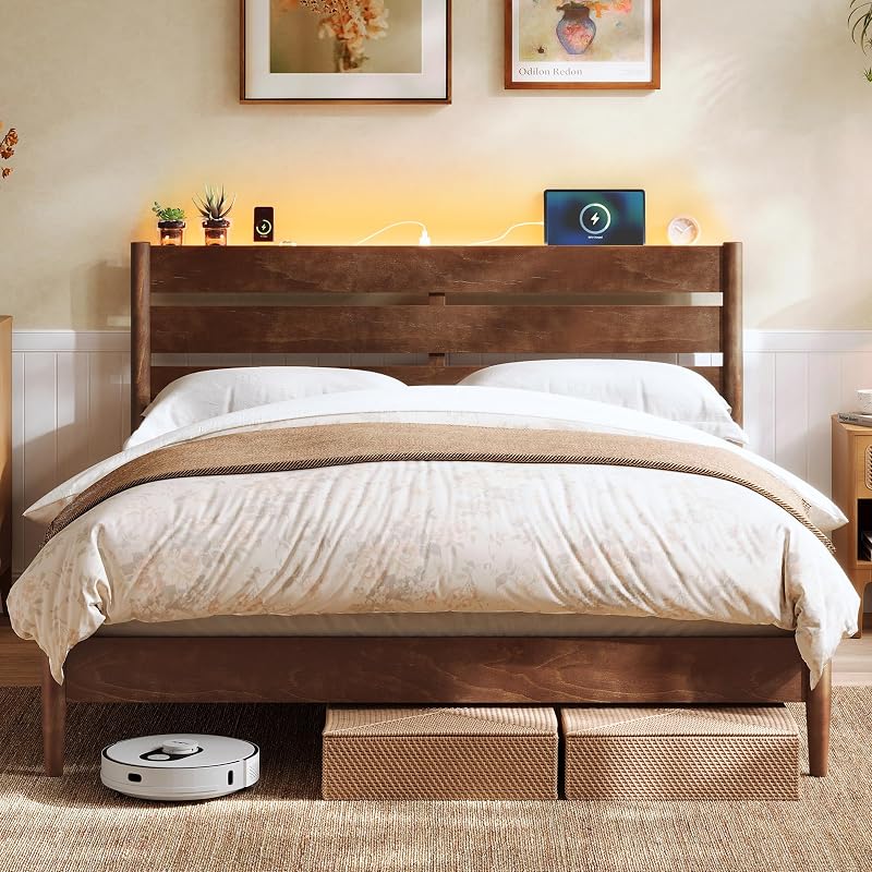 Queen Bed Frame with Headboard Storage & Charging Station - VASAGLE Coffee Brown, 1100 lb Capacity