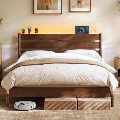 Queen Bed Frame with Headboard Storage & Charging Station - VASAGLE Coffee Brown, 1100 lb Capacity