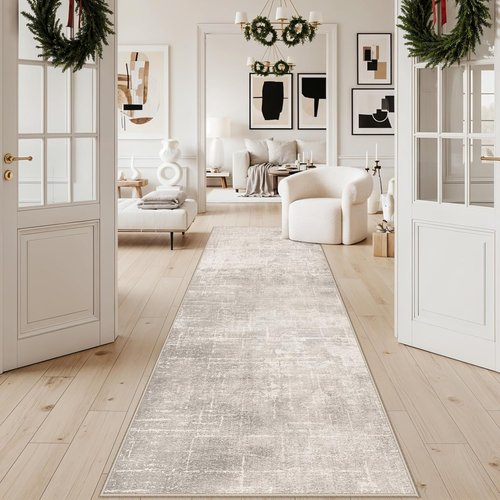 Abstract Kitchen Rug Runners - Washable Non-Slip 10ft Area Rug for Hallway & Entryway | Soft Beige/Cream