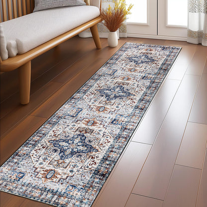 2x8 Hallway Washable Runner Rug : Vintage Soft Kitchen Bathroom Laundry Runner Non Slip Backing Farmhouse Entryway Floor Mat Stain Resistant Carpet for Bedroom Living Room Distressd Beside Rug(Blue)