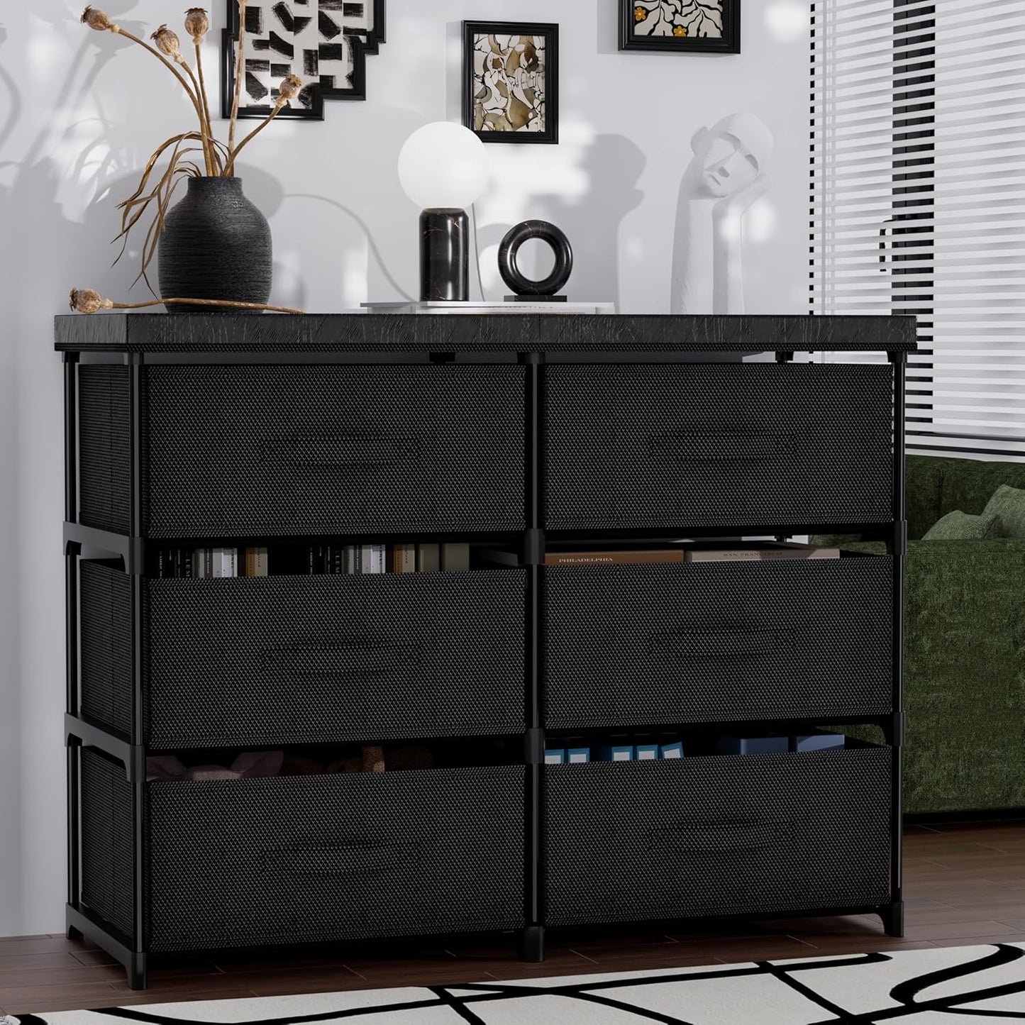 PPN Dresser - 6 Fabric Drawer Storage Cabinet for Living Room & Bedroom Organization - Black