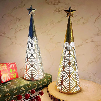 Juegoal Lighted Christmas Table Decorations - Battery Operated Cone Candle Lanterns | Set of 2 (Gold & Silver)