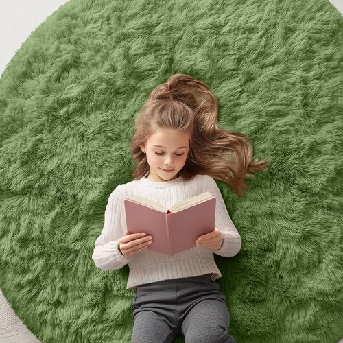 OLANLY Green Round Rugs for Bedroom - Machine Washable, 5 ft Circle Area Rugs for Living Room, Soft and Fluffy Shaggy Carpet for Teen Girl and Boys, Nursery Rooms, Dorms, Home Decor Aesthetic