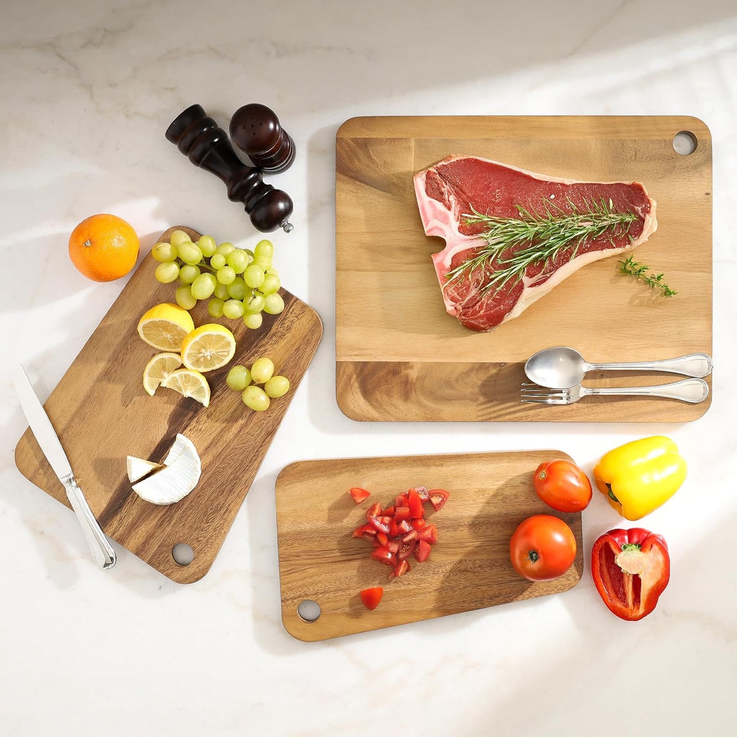 Sango Acacia Cutting Board Set - 3-Piece Slant Edge & Hanging Holes, Stackable & Reversible, Non-Toxic