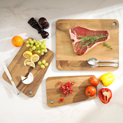 Sango Acacia Cutting Board Set - 3-Piece Slant Edge & Hanging Holes, Stackable & Reversible, Non-Toxic