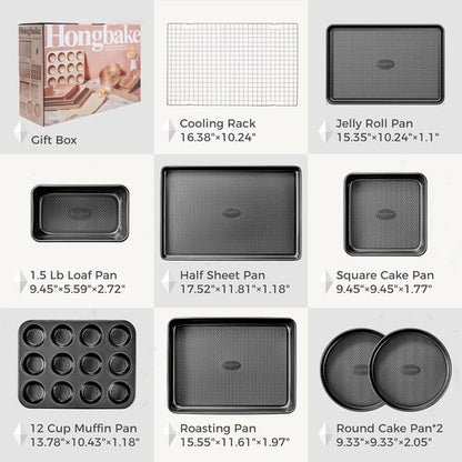 HONGBAKE 9-Piece Nonstick Baking Pans Set - Stackable, Non-Toxic Bakeware with Diamond Texture | Gray
