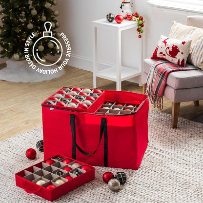 ZOBER Christmas Ornament Storage Box - Organizes 200 3" Ornaments with Individual Trays - Durable 600D Oxford Fabric (Red)