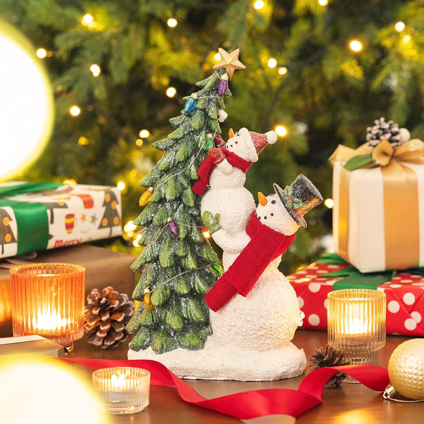 Valery Madelyn Christmas Snowman Figurines - Adorable Red & White Resin Family Decor | 12.5 Inch with Lights