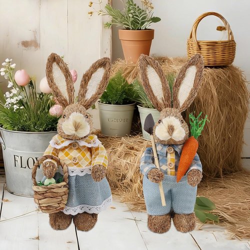 DR.DUDU Easter Decorations - Set of 2 Rustic 13" Bunny Figurines with Carrot | Spring Tabletop Decor