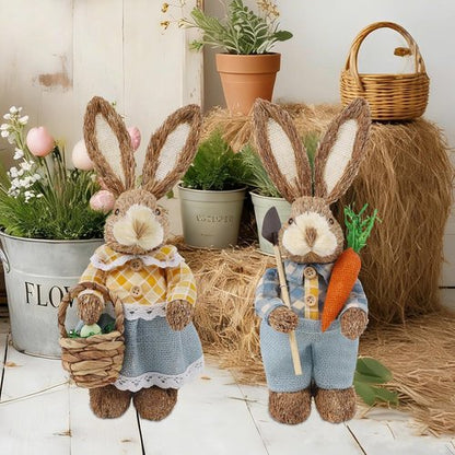 DR.DUDU Easter Decorations - Set of 2 Rustic 13" Bunny Figurines with Carrot | Spring Tabletop Decor