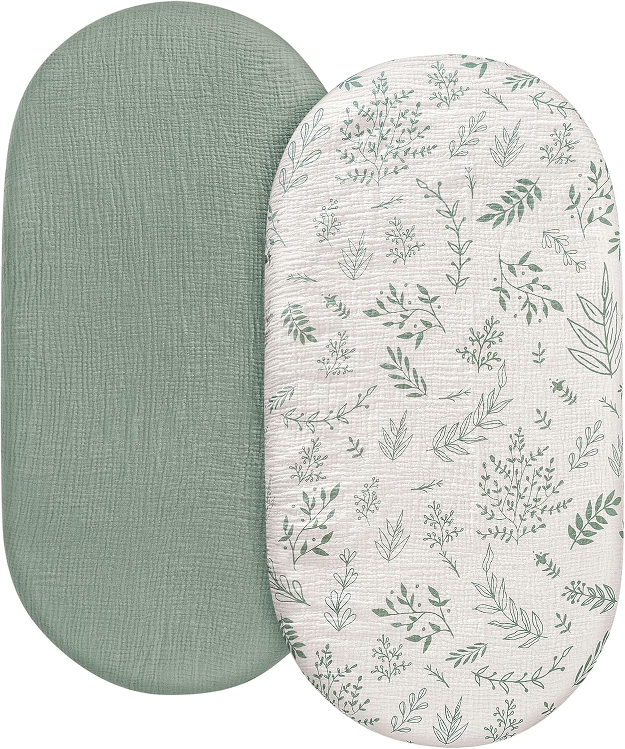 Skiennix Muslin Bassinet Fitted Sheets - Soft, Breathable Cotton | 2-Pack with 360° Snug Fit, Universal Design (Bright Leaves)