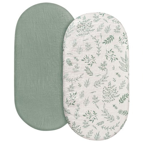 Muslin Bassinet Fitted Sheets 2 Pack, Soft Breathable Cotton Baby Bassinet Mattress Sheet Set, 360° Elastic Snug Fit, Universal for Oval, Rectangle & Hourglass Cradle, Baby Bedding (Bright Leaves)