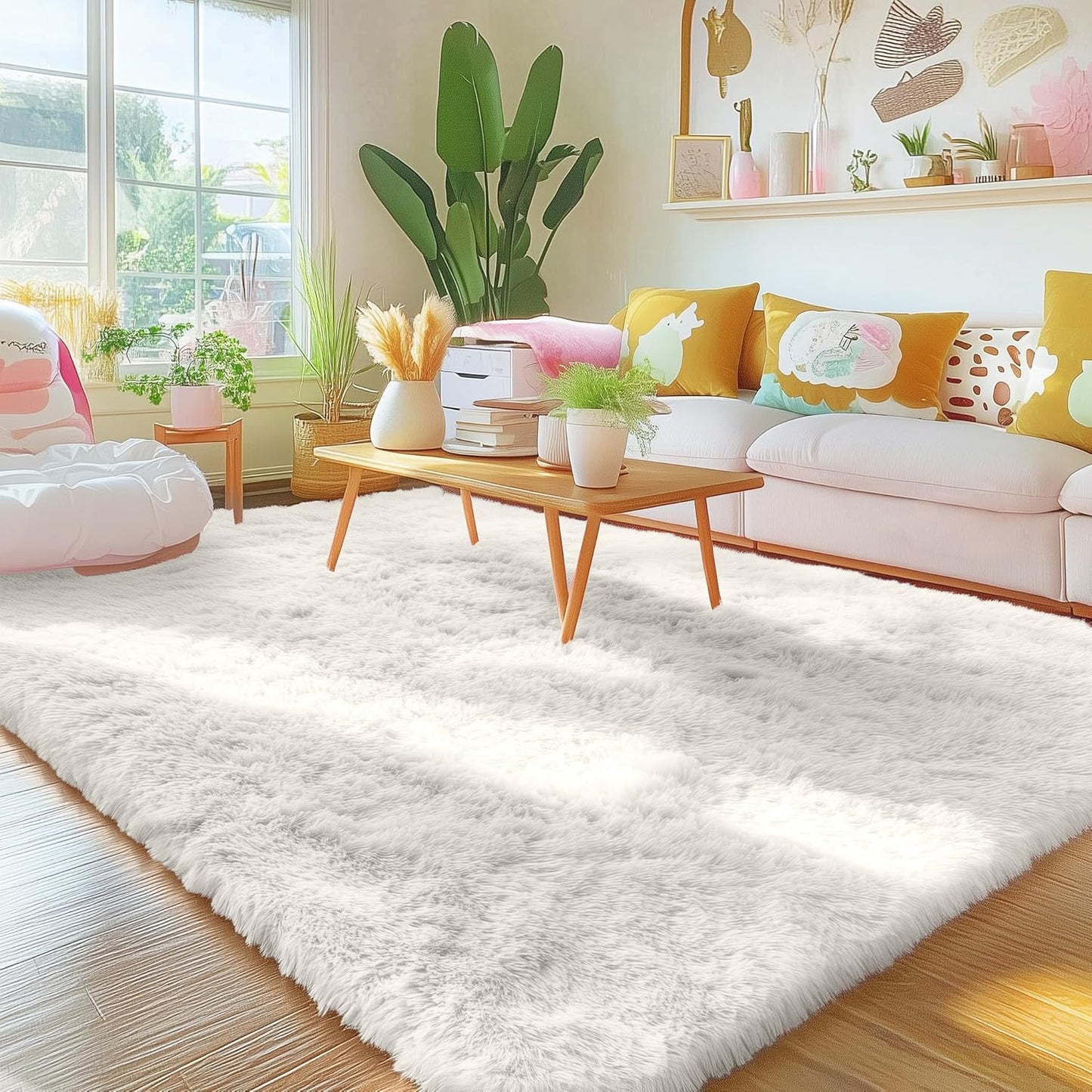 OLANLY Area Rugs - Soft Fluffy Shaggy Indoor Carpet for Living Room & Bedroom | Ivory 4x11