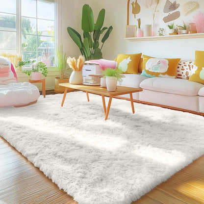 OLANLY Area Rugs - Soft Fluffy Shaggy Indoor Carpet for Living Room & Bedroom | Ivory 4x11