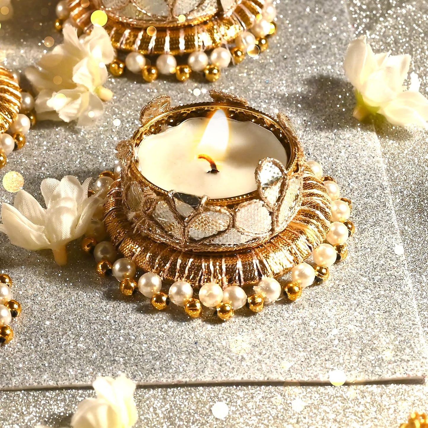 Skiennix Jute Ring Tealight Candle Holders - Set of 4 with Moti Beads | Golden Indian Decor for Weddings & Festivals
