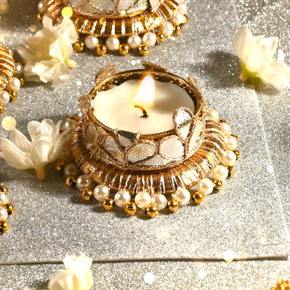 Skiennix Jute Ring Tealight Candle Holders - Set of 4 with Moti Beads | Golden Indian Decor for Weddings & Festivals