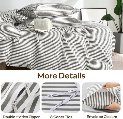 JELLYMONI 100% Natural Cotton Striped Duvet Cover Set - White & Grey | Queen Size, Zipper Closure & Corner Ties