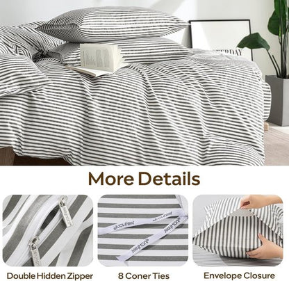 JELLYMONI 100% Natural Cotton Striped Duvet Cover Set - White & Grey | Queen Size, Zipper Closure & Corner Ties